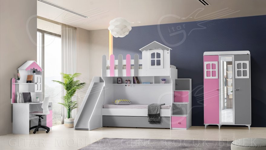 Mago White Gray Slide Bunk Bed Set