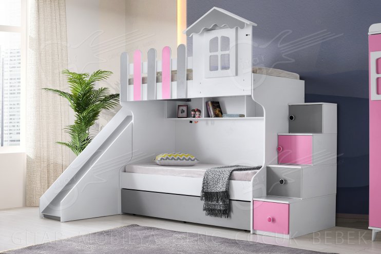 Mago White Gray Slide Bunk Bed Set