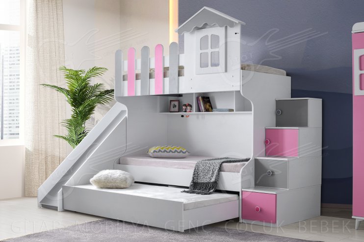 Mago White Gray Slide Bunk Bed Set